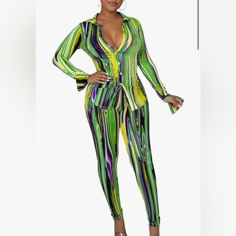 Green and purple abstract blouse and leggings. Brand new